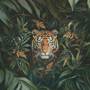 Carta da parati con tigre nella foresta, decorazione murale botanica ed esotica, murale con paesaggio forestale, decalcomania murale con foresta pluviale tropicale