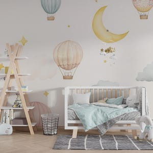 Hot Air Balloon Nursery Wallpaper, Dreamy Sky Wall Mural with Cloud and Moon, Soft Pastel Color Nursery Wall Decor, Kids Theme Wall Covering