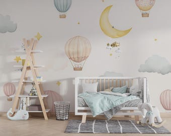 Hot Air Balloon Nursery Wallpaper, Dreamy Sky Wall Mural with Cloud and Moon, Soft Pastel Color Nursery Wall Decor, Kids Theme Wall Covering