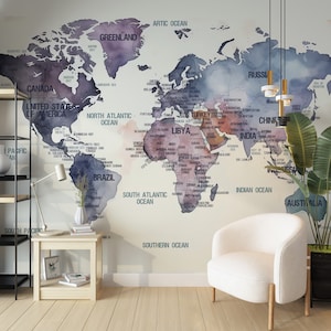 Aquarell Weltkarte Tapete für Haus- und Bürowand, abnehmbares Wandbild, Politische Weltkarte, Bildung Weltkarte Wanddekor, einfach anzubringen