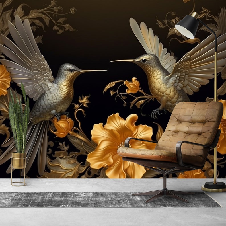 3D Vogel-Tapete: Kolibri-Wandbild Gold-Blumen-Poster Einfach anzubringende Luxus-Tapete Bild 3