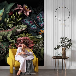 Chameleon and Butterflies in Botanical Wallpaper, Dark Botanical Wall Art, Botanical Mural, Whimsical Wallpaper, Hyperrealistic Forest Mural