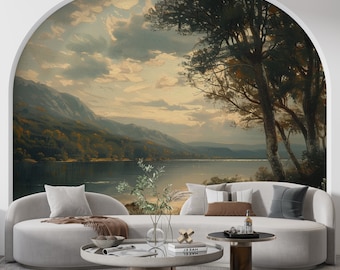Landscape Scenic Vintage Wallpaper, Mountain and Lake Scenic Wall Mural Art, Rural Painting Mural, Historical Scenic Removable Wall Art