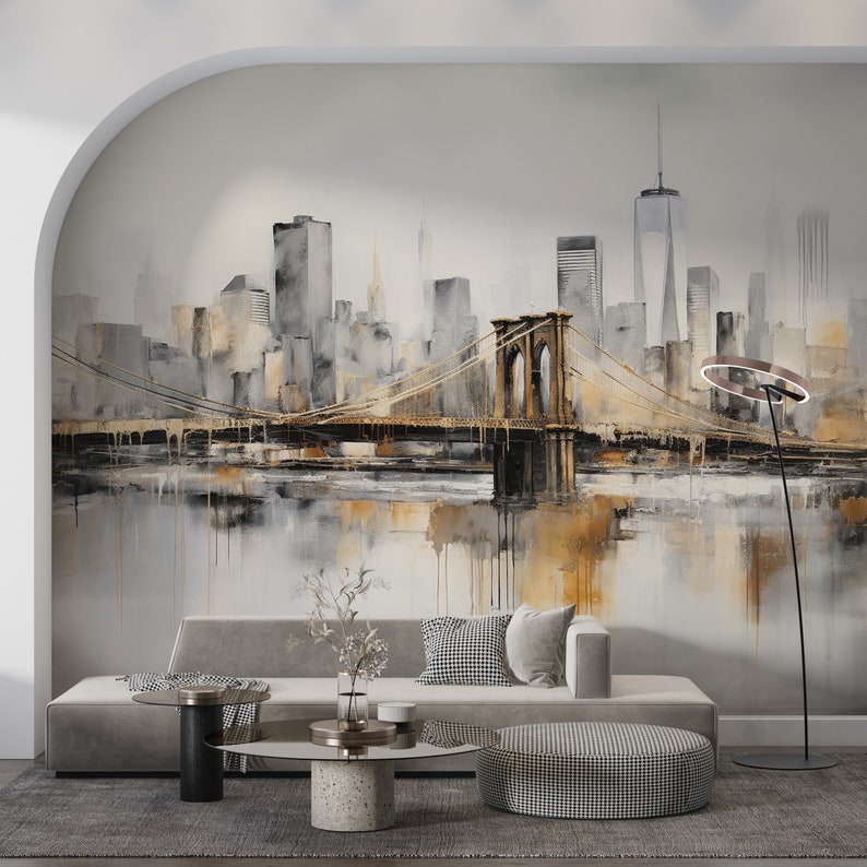 Landschapsbehang, Brooklyn Bridge aquarel Art Mural Decor voor Home & Office Wall, Peel Stick en One Piece, Bekijk Wallpaper afbeelding 5