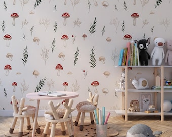 Whimsical Red Mushroom Wallpaper, Woodland Themed Kids Wall Mural, Rustic Foliage and Forest Wall Decor, Nature Botanical Nursery Wall Decal