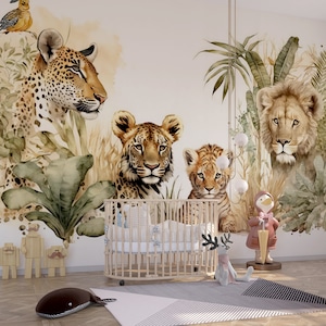 Lindo papel tapiz de familia de leones de safari, mural para habitación infantil, papel tapiz de animales, una pieza y extraíble, decoración para habitación infantil.