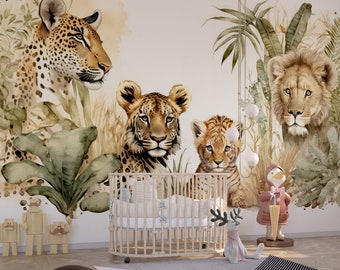 Niedliche Safari Löwenfamilie Tapete, Kinder und Kinderzimmer Wandbild, Tiere Tapete, Einteilig und Abnehmbar, Kinderzimmer Dekor