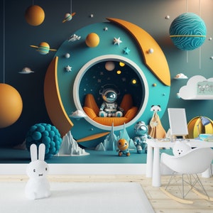 Planet and Astronaut Wallpaper for Kids and Nursery Room, 3D Space Landscape Wallpaper Art, Peel Stick Non woven and Vinyl Galaxy Wall Mural