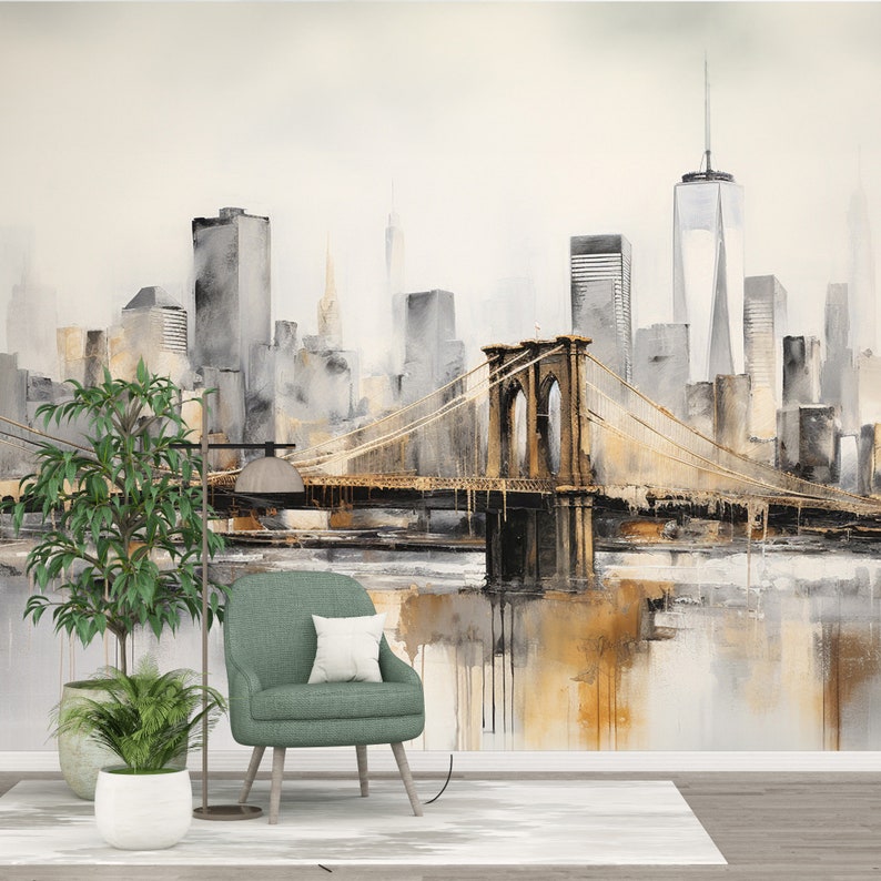 Landscape Wallpaper, Brooklyn Bridge Watercolor Art Mural Decor for Home & Office Wall, Peel Stick and One Piece, View Wallpaper image 3