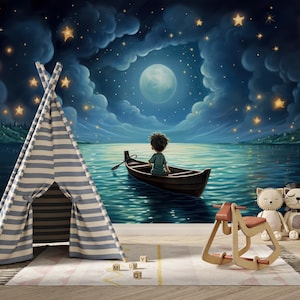 Carta da parati "The Boy in the Boat" per bambini e asili nido, stelle e paesaggio notturno marino, decorazione murale, carta da parati per ragazzi