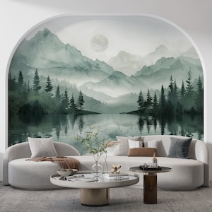 Arte da parete foresta e montagna, decalcomania da muro di pino, murale di paesaggio ad acquerello, carta da parati di alberi di pino, decalcomania da muro di bosco foresta pluviale