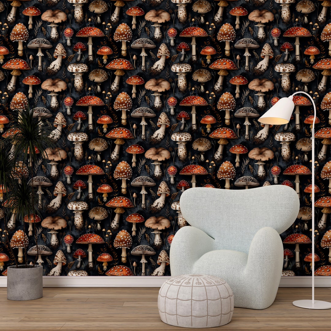 Dark Mushroom Wallpaper, Botanical Wall Art, Living Room and Kitchen ...