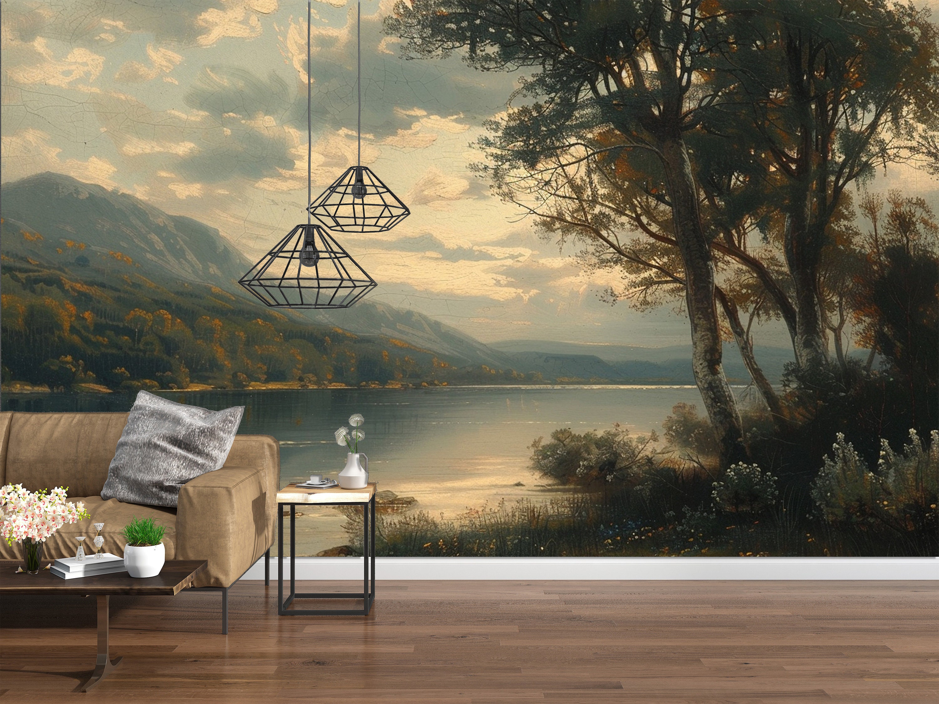 Landscape Scenic Vintage Wallpaper, Mountain and Lake Scenic Wall Mural ...