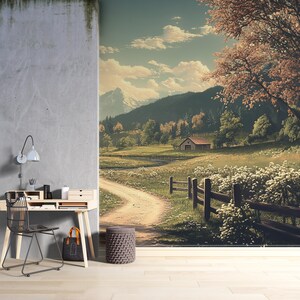 Pastoral Landscape Wallpaper, Rustic Countryside Wall Mural, Autumn ...