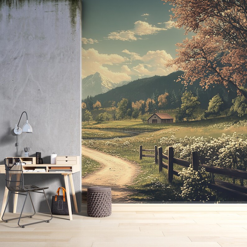 Pastoral Landscape Wallpaper, Rustic Countryside Wall Mural, Autumn ...