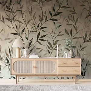 Green Leafs and Flowers Wallpaper, Hanging Leaves Mural, Watercolor Floral Boho Mural Decor, Peel and Stick & One Piece, Removable