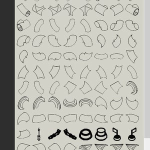 May include: A collection of 3D drawings of various shapes and objects, including pipes, valves, and other industrial components. The drawings are in black and white and are arranged in a grid pattern.