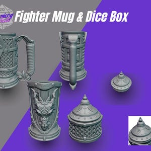 ファイターミシックマグ缶ホルダーとダイスボックス - 3DプリントファンタジーRPGマグ