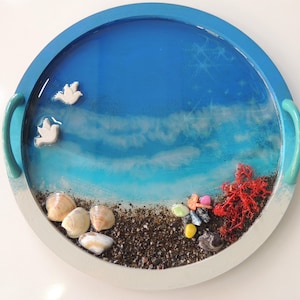 Beach Resin Tray with Real Sand and Shells – Handmade Coastal Decor