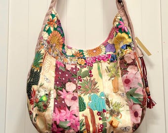 Large Patchwork Boho Shoulder Bag| Canvas and Floral Hippie Crossbody