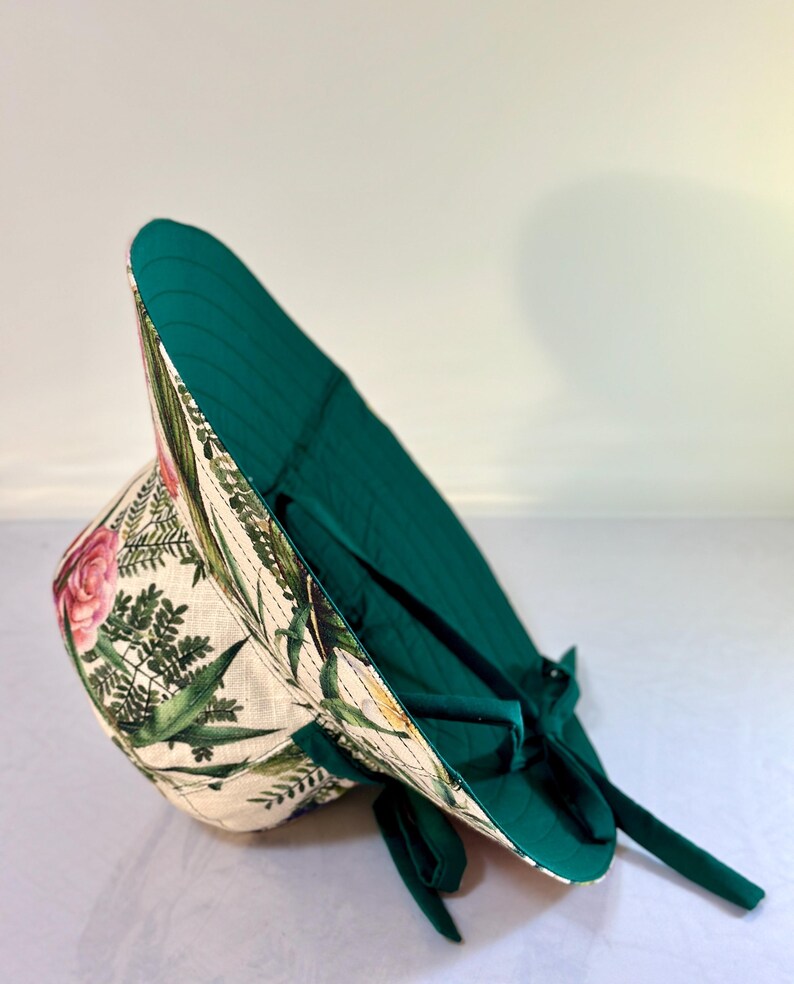 Handmade Reversible Floral Sun Hat| Wide Brim Cotton Linen Canvas image 4