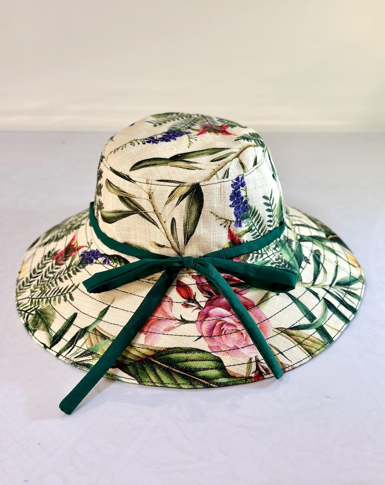 Handmade Reversible Floral Sun Hat| Wide Brim Cotton Linen Canvas image 3