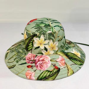 Handmade Reversible Floral Sun Hat| Wide Brim Cotton Linen Canvas HAWAII TROPICALGREEN