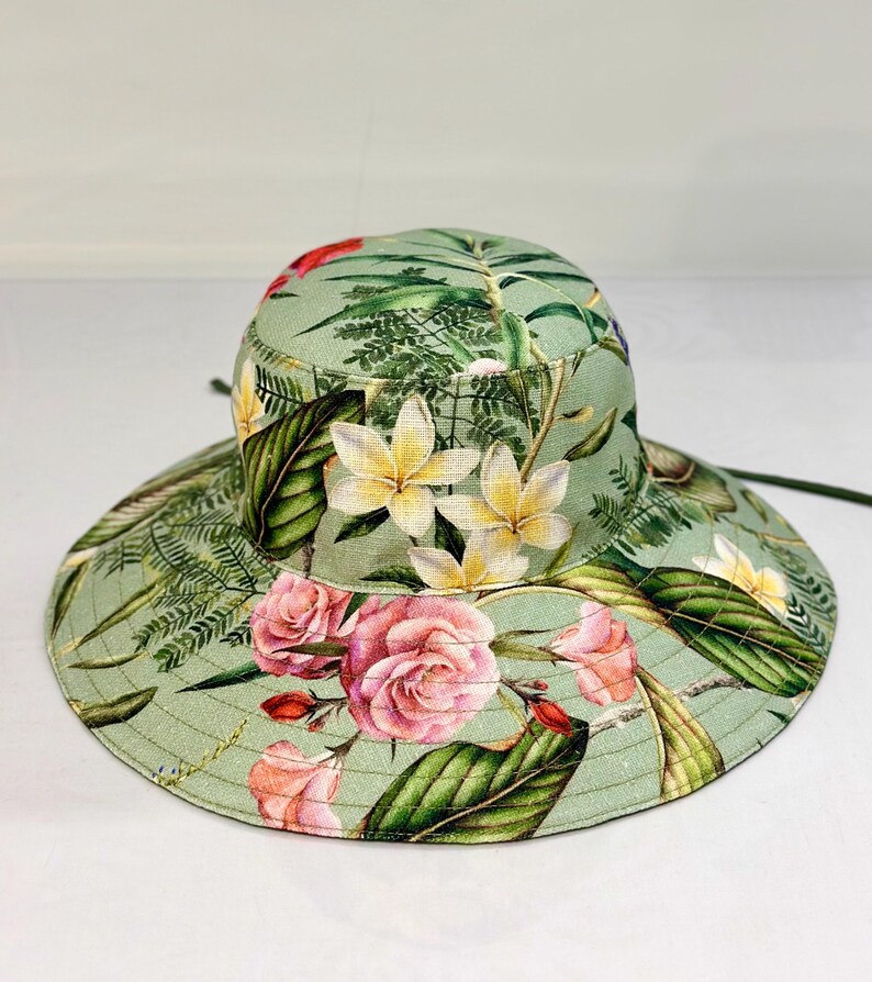 Handmade Reversible Floral Sun Hat| Wide Brim Cotton Linen Canvas HAWAII TROPICALGREEN