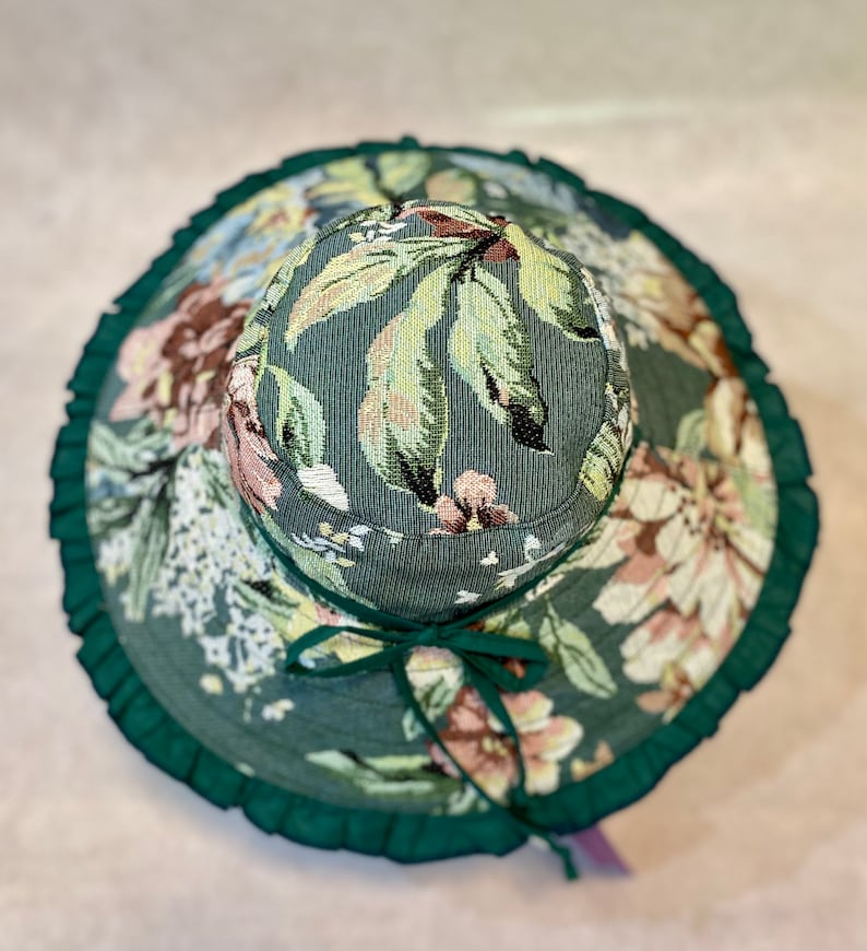 Sombrero de sol floral de ala ancha, talla pequeña / Sombrero reversible de lona verde imagen 3