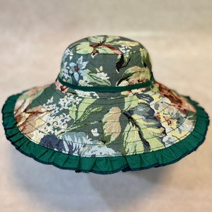 Wide Brim Floral Sun Hat size Small| Reversible Green Canvas Hat