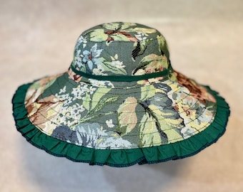 Sombrero de sol floral de ala ancha, talla pequeña / Sombrero reversible de lona verde