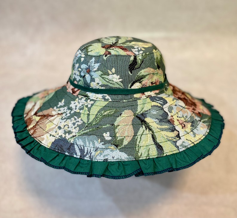 Sombrero de sol floral de ala ancha, talla pequeña / Sombrero reversible de lona verde S(54-55cm)