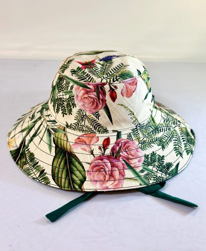 Handmade Reversible Floral Sun Hat| Wide Brim Cotton Linen Canvas HawaiiTropicalFloral