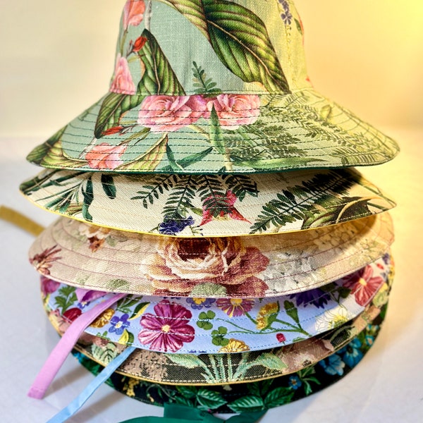 Sun Hat | Wide Brim Floral Canvas Linen Cotton Fabric | Beautiful Reversible Hat