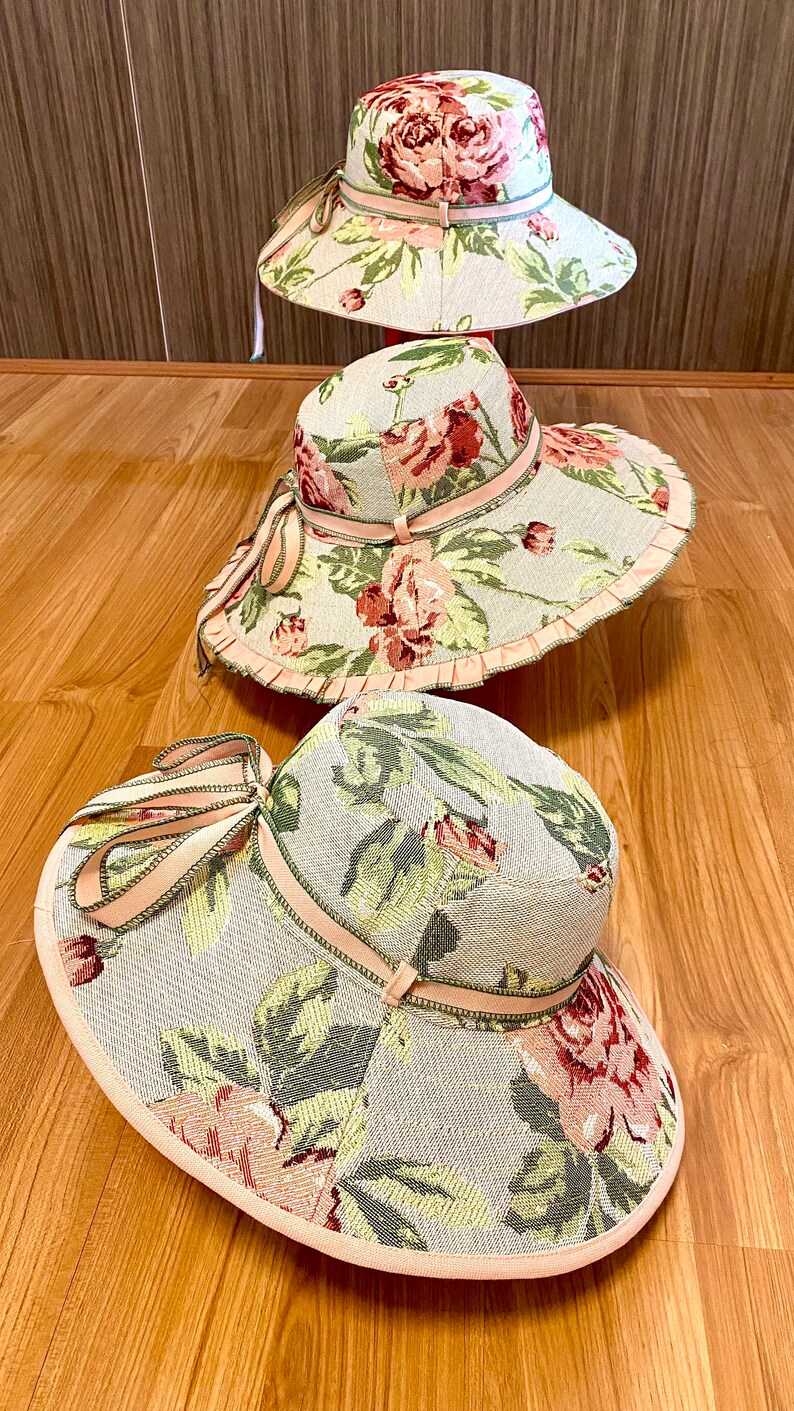 Sombrero de sol floral de ala ancha, talla pequeña / Sombrero reversible de lona verde imagen 5