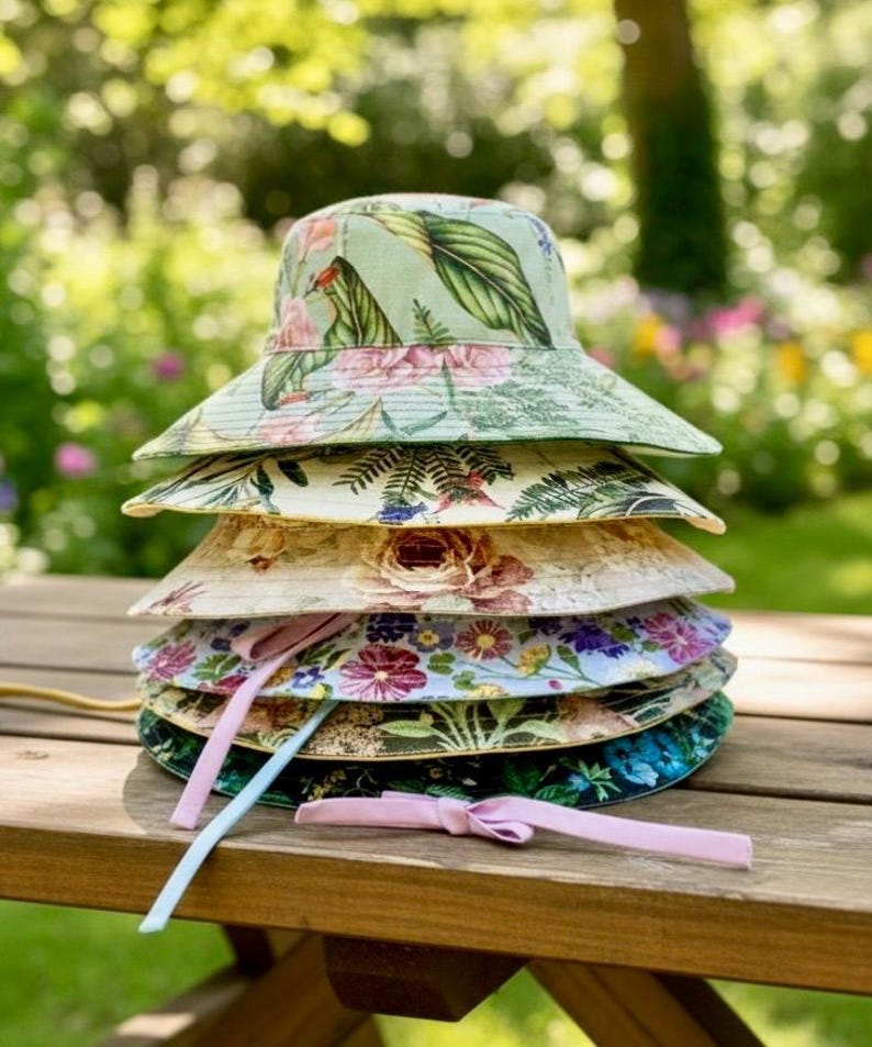 Handmade Reversible Floral Sun Hat| Wide Brim Cotton Linen Canvas image 1