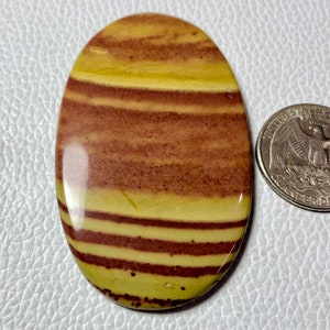 May include: An oval-shaped gemstone with alternating bands of brown and yellow. The polished stone has a smooth, glossy surface. A US quarter coin is next to the stone for size comparison. The gemstone is likely used for jewelry or decorative purposes.