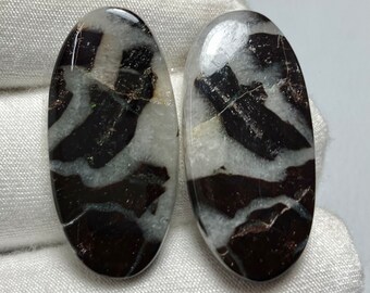 May include: Two oval-shaped cabochons of black and white agate. The stones have a swirling pattern of black and white.