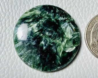 Green Seraphinite Cabochon, Round Loose Gemstone (45 Cts, 31mm)