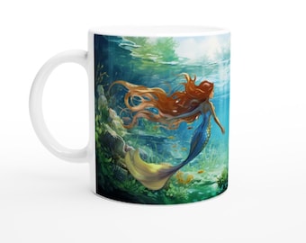 Personalised Mermaid Mug 300ml - Magical Coffee Mug with Name - Blue Gold