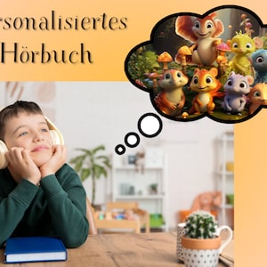 Puede incluir: Un niño pequeño con auriculares escucha un audiolibro. Está sentado en una mesa con un libro delante de él. Está soñando con un grupo de animales de dibujos animados en un bosque.