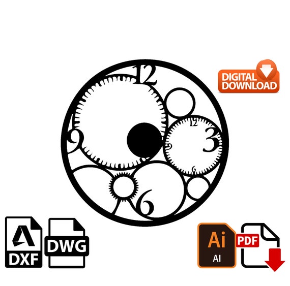 Gear Wheel Clock Laser Dxf Dwg Files Wall Sticker Engraving Etsy