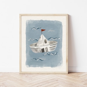 Papierboot Kinder Poster - Abstraktes Aquarell Zeitung Segelboot - Kinderzimmer Dekor moderne Illustration - DIGITALDRUCK 16x20