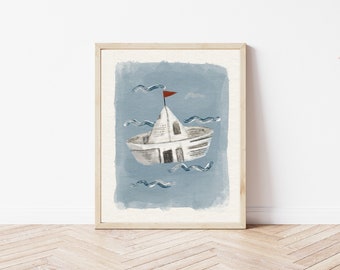 Paper boat kids wall art poster - Abstract watercolor newspaper sailboat  - Nursery decor modern illustration - DIGITAL PRINT 16x20