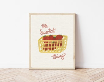 Strawberries in a yellow basket wall art poster - Modern style abstract groceries illustration - DIGITAL PRINT 16x20