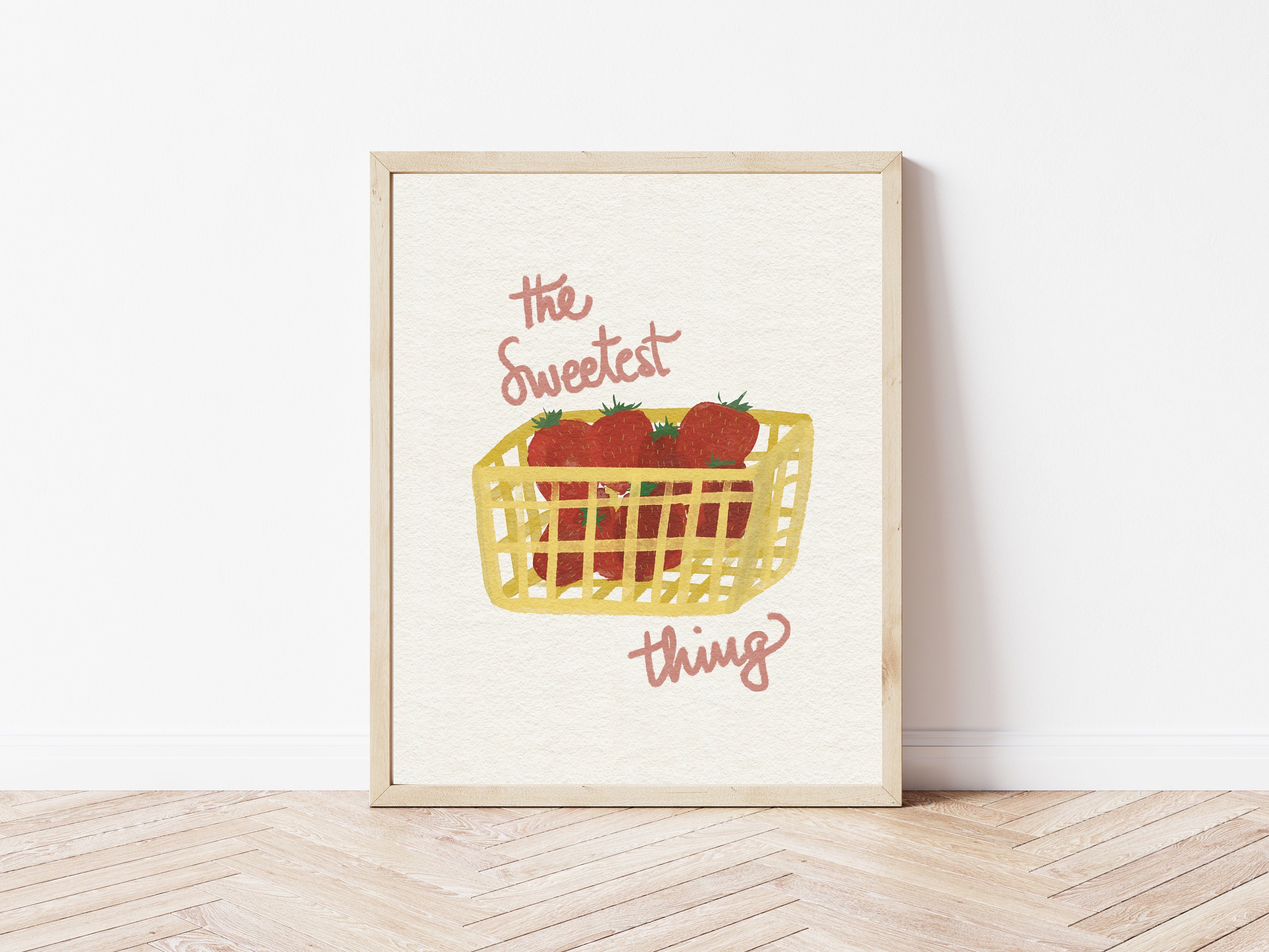 Strawberries in a yellow basket wall art poster - Modern style abstract groceries illustration - DIGITAL PRINT 16x20