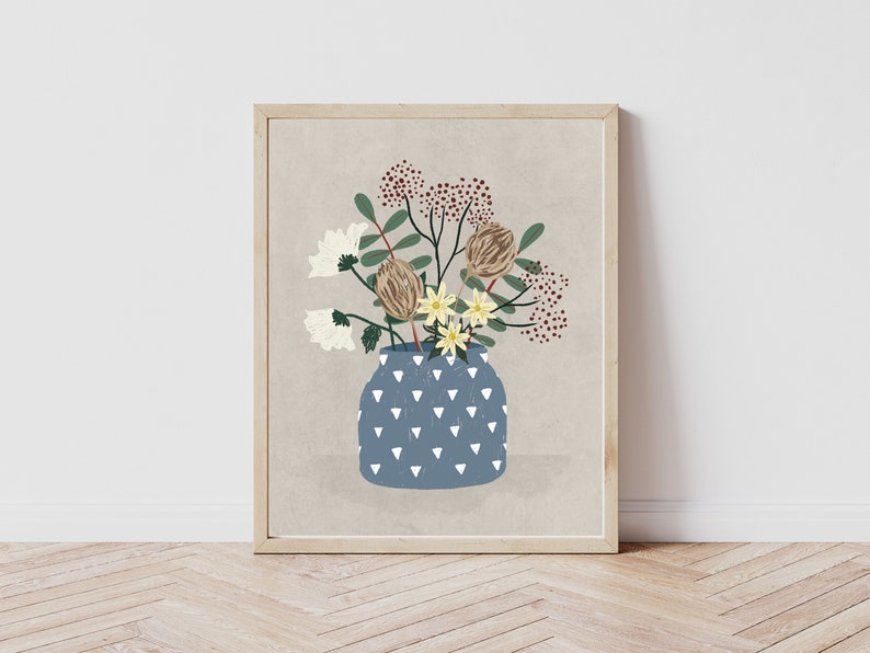 Flowers in a vase bohemian art print Flower bouquet pastel whimsical wall art poster Field meadow wild florals DIGITAL PRINT 16x20 image 1