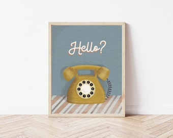 Old yellow telephone - Retro line phone old school illustration - Vintage phone poster - DIGITAL DOWNLOAD 16x20