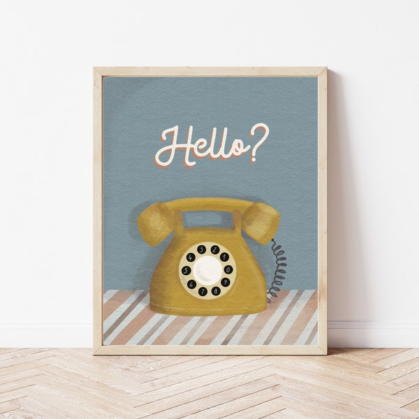 Old yellow telephone - Retro line phone old school illustration - Vintage phone poster - DIGITAL DOWNLOAD 16x20