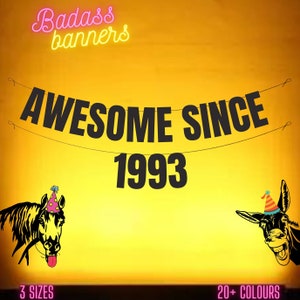 AWESOME SINCE 1993. Funny 30th banner. Funny/Rude 30th banners for fun party people. 30th birthday decorations